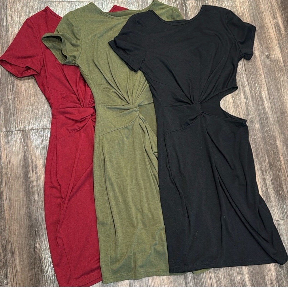 3 Bundle Twist Front T-Shirt Dress | Black,Olive, Burgundy | NWOT